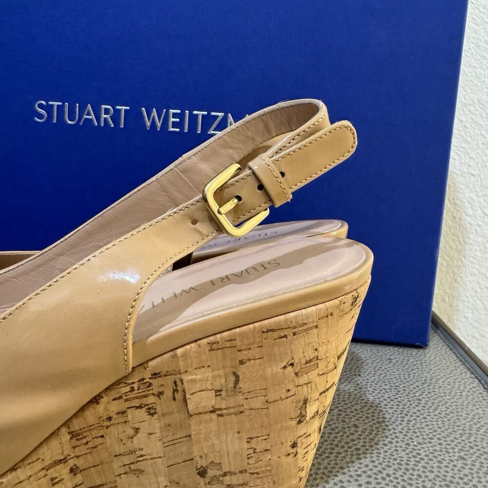 STUART WEITZMAN AUTH $399 Women Beige Patent Leather Jean Wedge Sandals Size 9 M - Picture 10 of 16